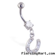 Navel ring with dangling jeweled horseshoe