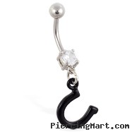 Navel ring with dangling black horseshoe