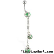 Green heart pumpkin face belly ring with dangling pumpkins