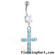 Jeweled belly ring with dangling big cross