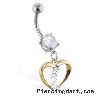 Navel ring with dangling gold colored heart with gems