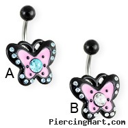 Jeweled pink and black butterfly belly ring