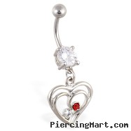 Navel ring with dangling double hearts with gems