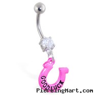 Jeweled belly ring with dangling "Good Luck" horseshoe