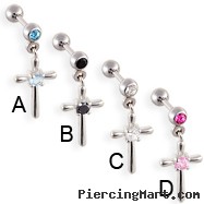 Straight barbell with dangling jeweled cross