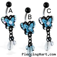 Jeweled butterfly belly ring with dangling stones