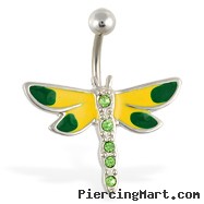 Green and yellow dragonfly belly ring