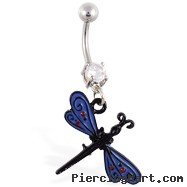 Navel ring with dangling black and blue dragonfly