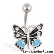 Blue and black butterfly belly ring