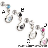 Straight barbell with dangling horseshoe and jeweled heart