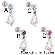 Straight barbell with dangling heart with small gem