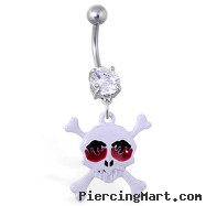 Navel ring with dangling white skull with flame eyes