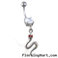 Navel ring with dangling curved snake with red gem eyes