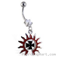 Navel ring with dangling tribal sun and chopper cross