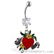 Navel ring with dangling heart "MOM" and "DAD"