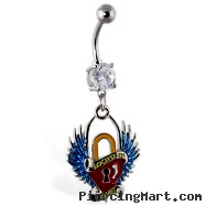 Navel ring with dangling heart lock with wings