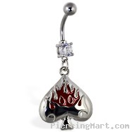 Navel ring with dangling spade with flames