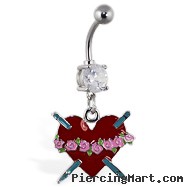 Navel ring with dangling red heart with roses and daggers