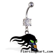 Navel ring with dangling black flaming skull