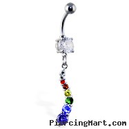 Navel ring with curved rainbow jeweled dangle