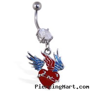 Navel ring with dangling heart with wings