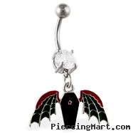 Navel ring with dangling coffin with wings