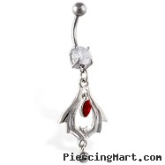 Navel ring with dangling bat tribal design with red and clear stone