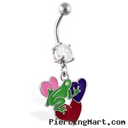 Navel ring with dangling frog on multi-color hearts