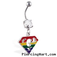 Navel ring with dangling rainbow superman symbol with "G"