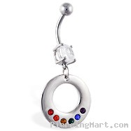 Navel ring with dangling circle with rainbow gems