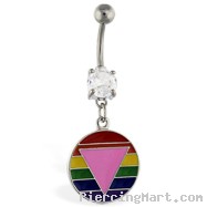 Navel ring with dangling rainbow circle with pink triangle