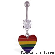 Navel ring with dangling rainbow heart