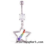 Navel ring with dangling hollow star and rainbow gems