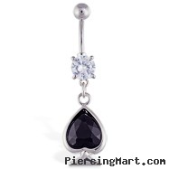 Navel ring with dangling large black jeweled spade