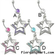 Belly ring with dangling plain and jeweled stars