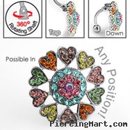 Multi-color multi-gem heart burst flower reversed hinged navel ring