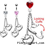 Navel ring with dangling heart locking cuffs