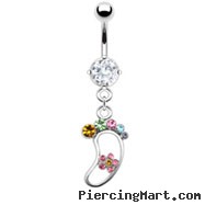 Navel ring with dangling rainbow foot with flower