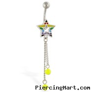 Rainbow star navel ring with dangling neon green dangles