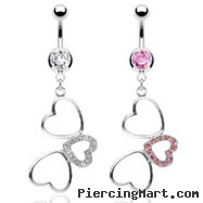 Navel ring with dangling crooked hearts