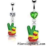Navel ring with heart gem and dangling Jamaican colored peace