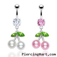 Navel ring with dangling pearl cherries