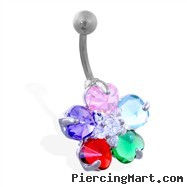 Flower belly ring with 5 multi-color petals