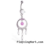 Belly ring with large dangling circle and jeweled dangles