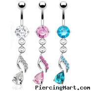 Belly ring with jeweled teardrop on jeweled dangle