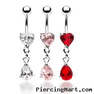 Belly ring with jeweled heart and dangling jeweled teardrop