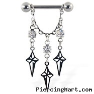 Nipple ring with dangling chain with stars and gems, 12 ga or 14 ga