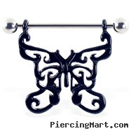 Nipple ring with large black dangling butterfly, 14 ga
