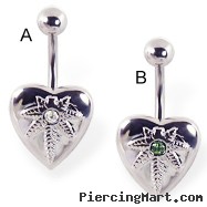 Heart belly ring with pot leaf logo and gem