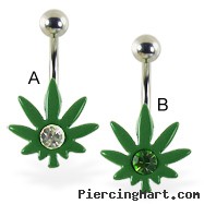 Green pot leaf belly ring with gem